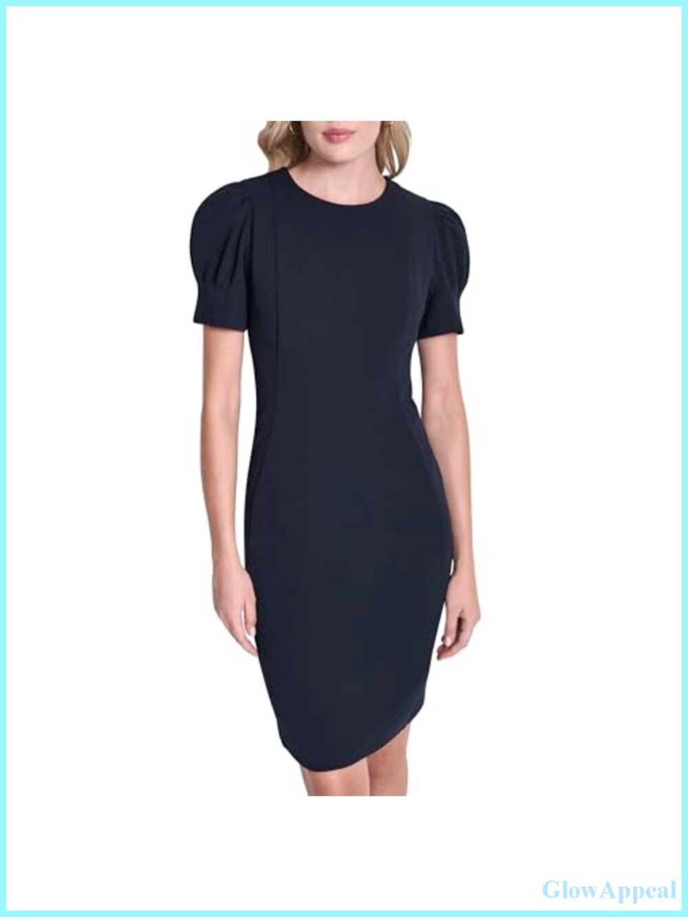 Short Puff Sleeve Sheath Dress - Knee-Length, Exposed Back Zipper, Work